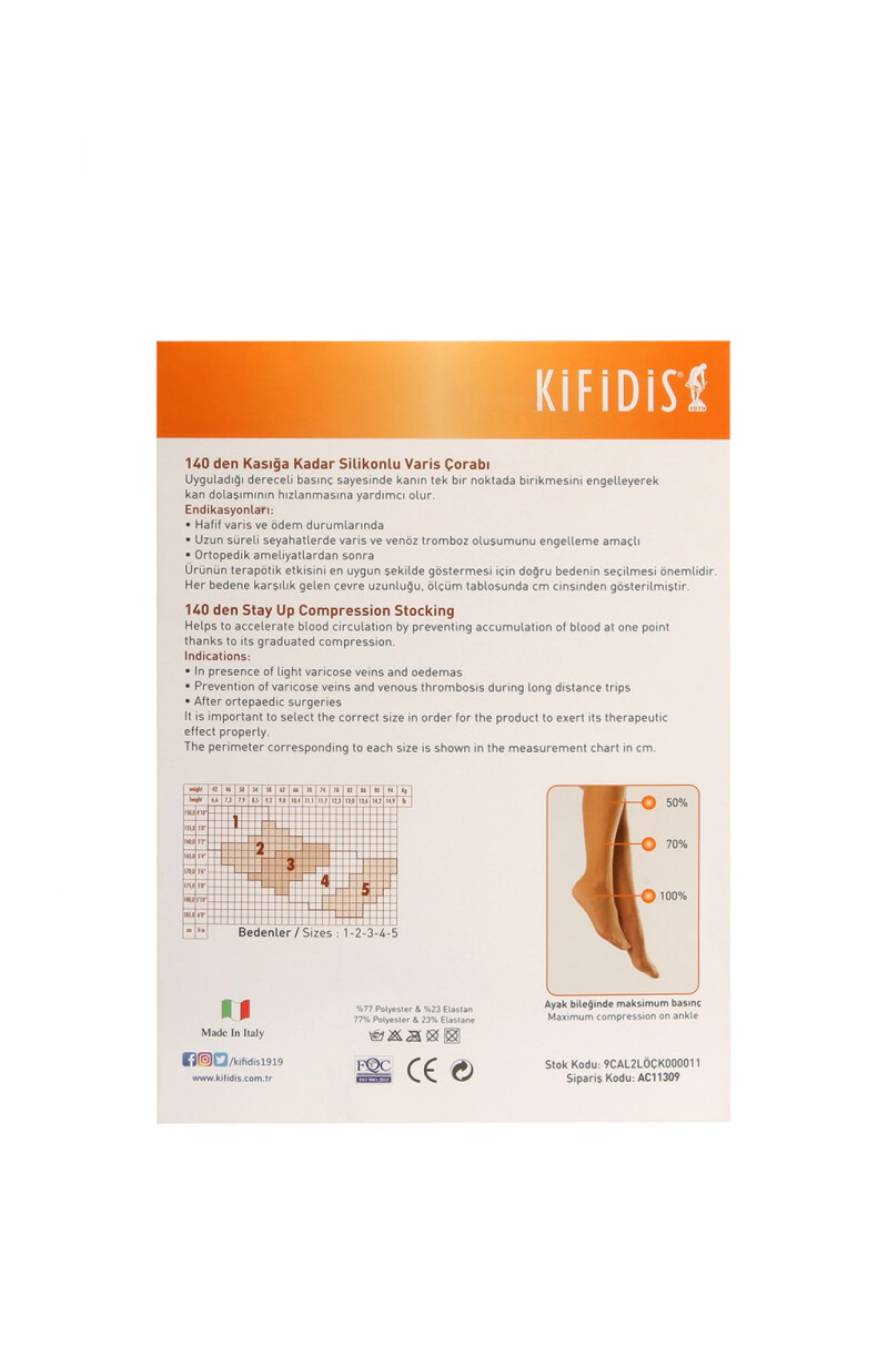 Kifidis 140 Den. 18-20 mmHg Kasığa Kadar Silikonlu Varis Çorabı - 36-A.TEN, 1